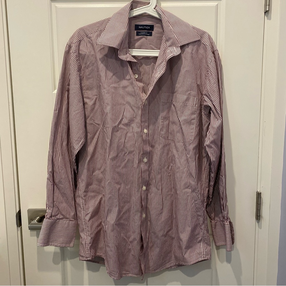 Nautica Men's Burgundy Striped Button Up Shirt